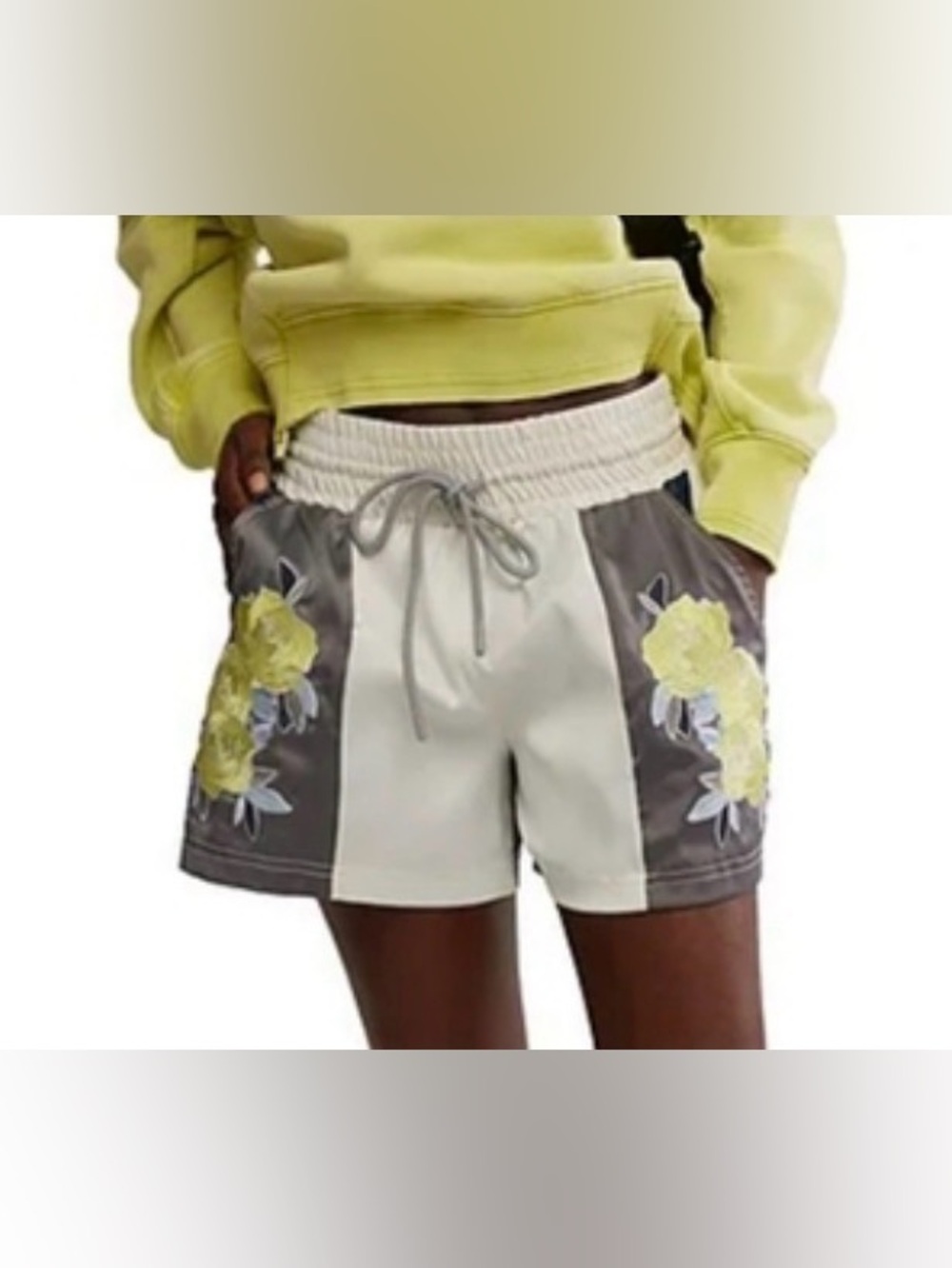 Floral Panel Drawstring Women’s Shorts - Yellow/Gray/ Size Small